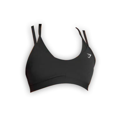 Gymshark double up sports bra with thin straps and a logo, designed for fitness and active wear.