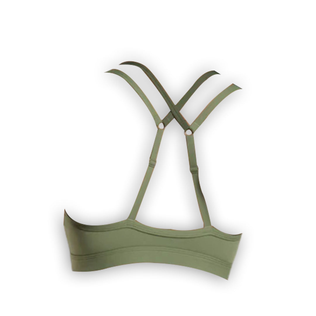Olive green sports bra showcasing crisscross adjustable straps and a sleek design, ideal for activewear and comfort.