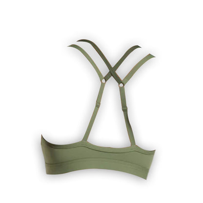Olive green sports bra showcasing crisscross adjustable straps and a sleek design, ideal for activewear and comfort.