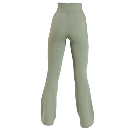 Back view of light green gymshark elevate flared leggings 2.0 with a high waistband, highlighting their smooth fabric and trendy design.