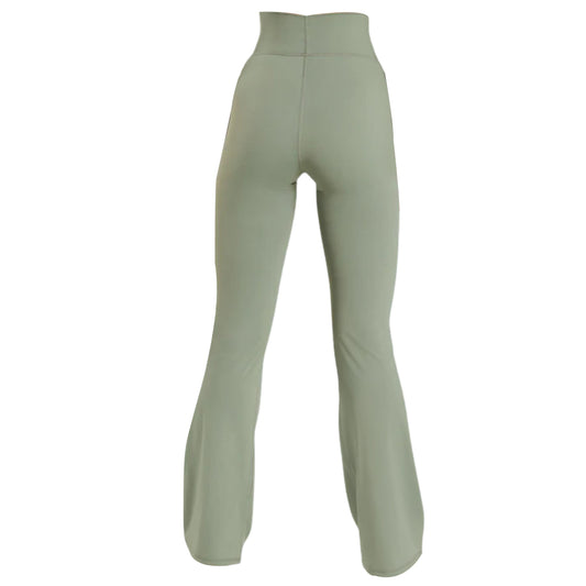 Back view of light green gymshark elevate flared leggings 2.0 with a high waistband, highlighting their smooth fabric and trendy design.