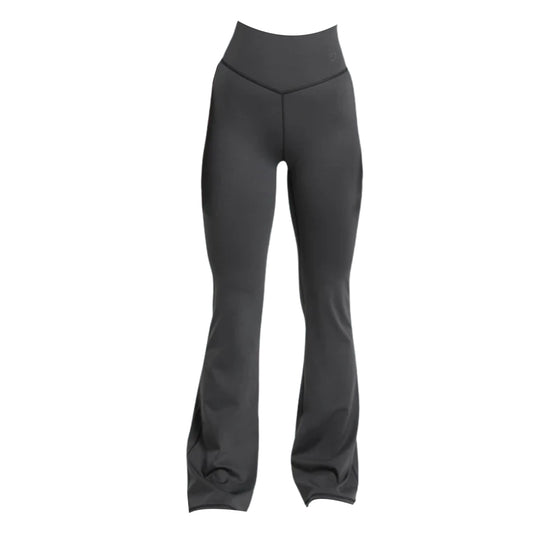 High-waisted black flared leggings with a sleek design and side slits at the hem, perfect for workouts or casual wear.