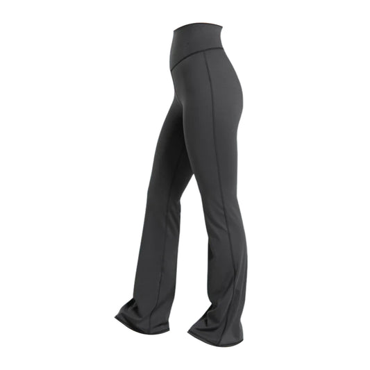 High-waisted black flared leggings with a sleek design and side slits at the hem, perfect for workouts or casual wear.