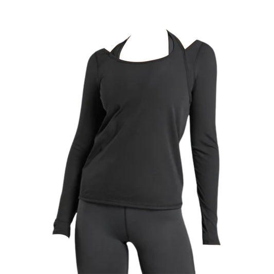 Gymshark black Elevate Long Sleeve Top featuring a unique open-back design, paired with matching black leggings for a sleek workout look.