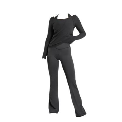A black athleisure outfit featuring a long-sleeve top and fitted flared pants, displayed without a model.