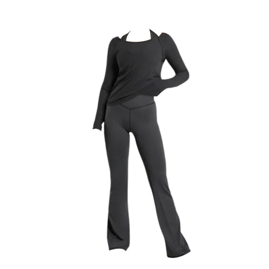 A black athleisure outfit featuring a long-sleeve top and fitted flared pants, displayed without a model.
