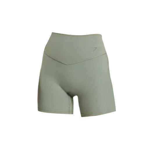 Olive green Gymshark Elevate Shorts featuring a sleek design and a wide waistband for enhanced comfort and ease of movement.