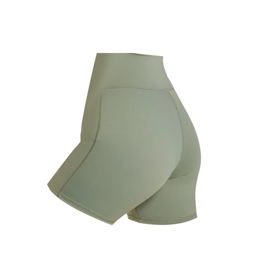 Side view of fitted olive green Gymshark Elevate Shorts, featuring a high waistband and smooth finish. Ideal for workouts or casual wear.