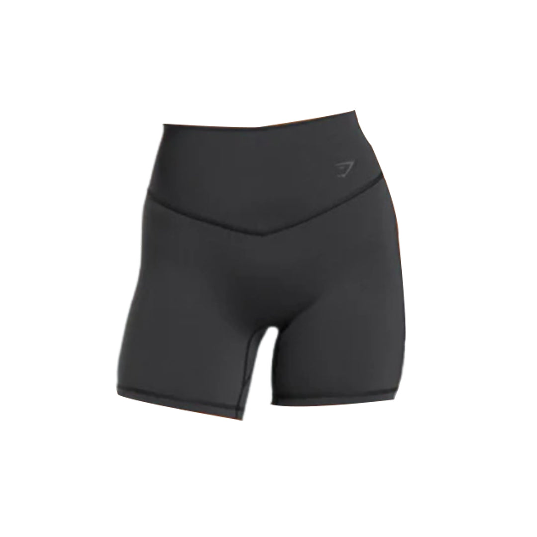 Black high-waisted athletic shorts with a smooth finish, featuring a subtle logo design on the waistband. Perfect for workouts.