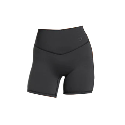 Black high-waisted athletic shorts with a smooth finish, featuring a subtle logo design on the waistband. Perfect for workouts.