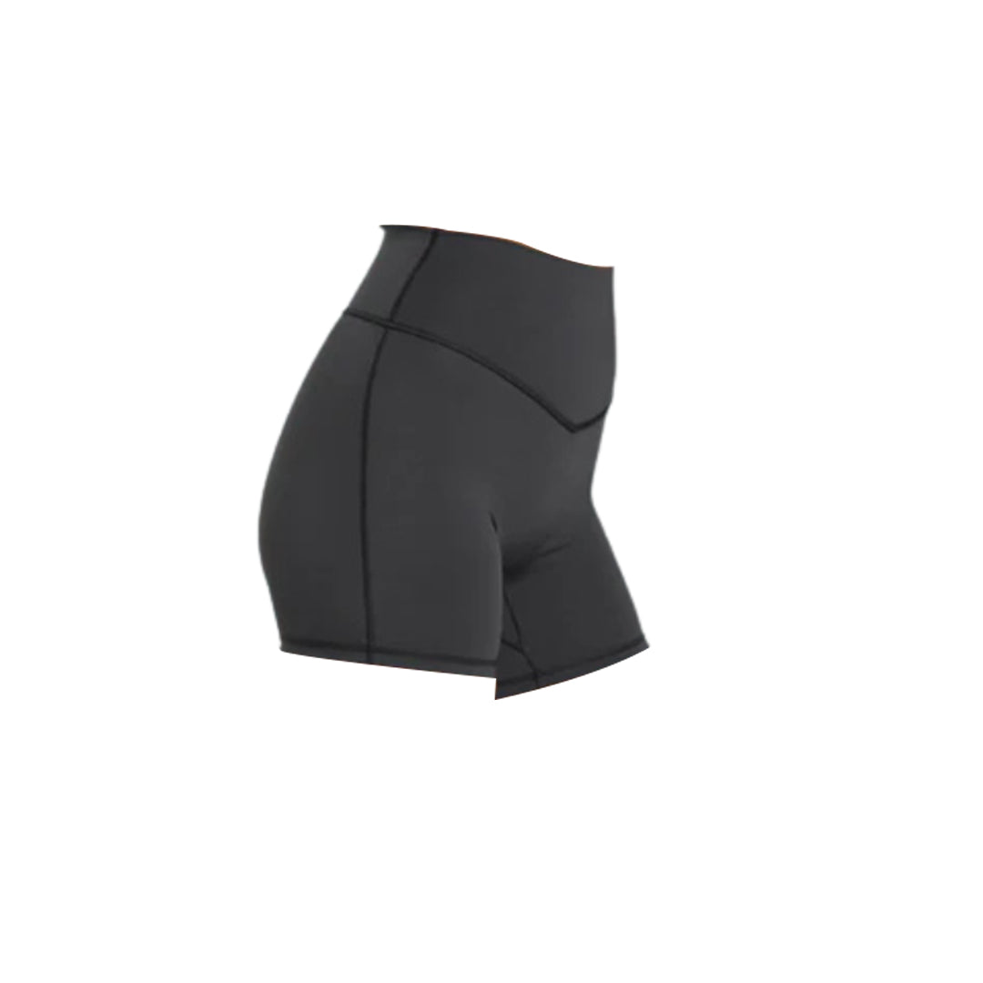 Black high-waisted athletic shorts with a fitted design and subtle seam detailing, ideal for workouts or casual wear.