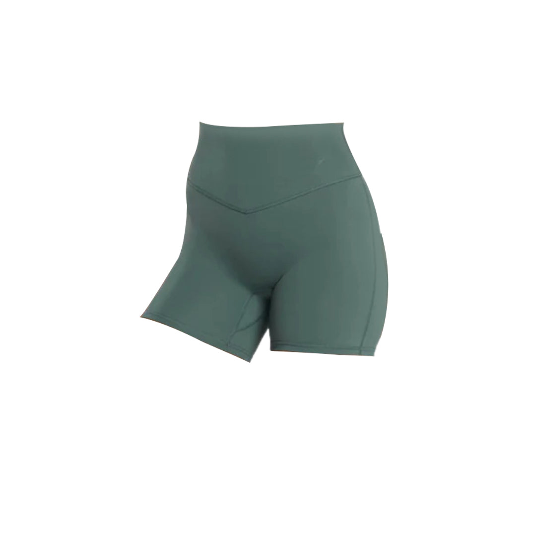 High-waisted, dark green athletic shorts with a fitted design, ideal for workouts and activewear.