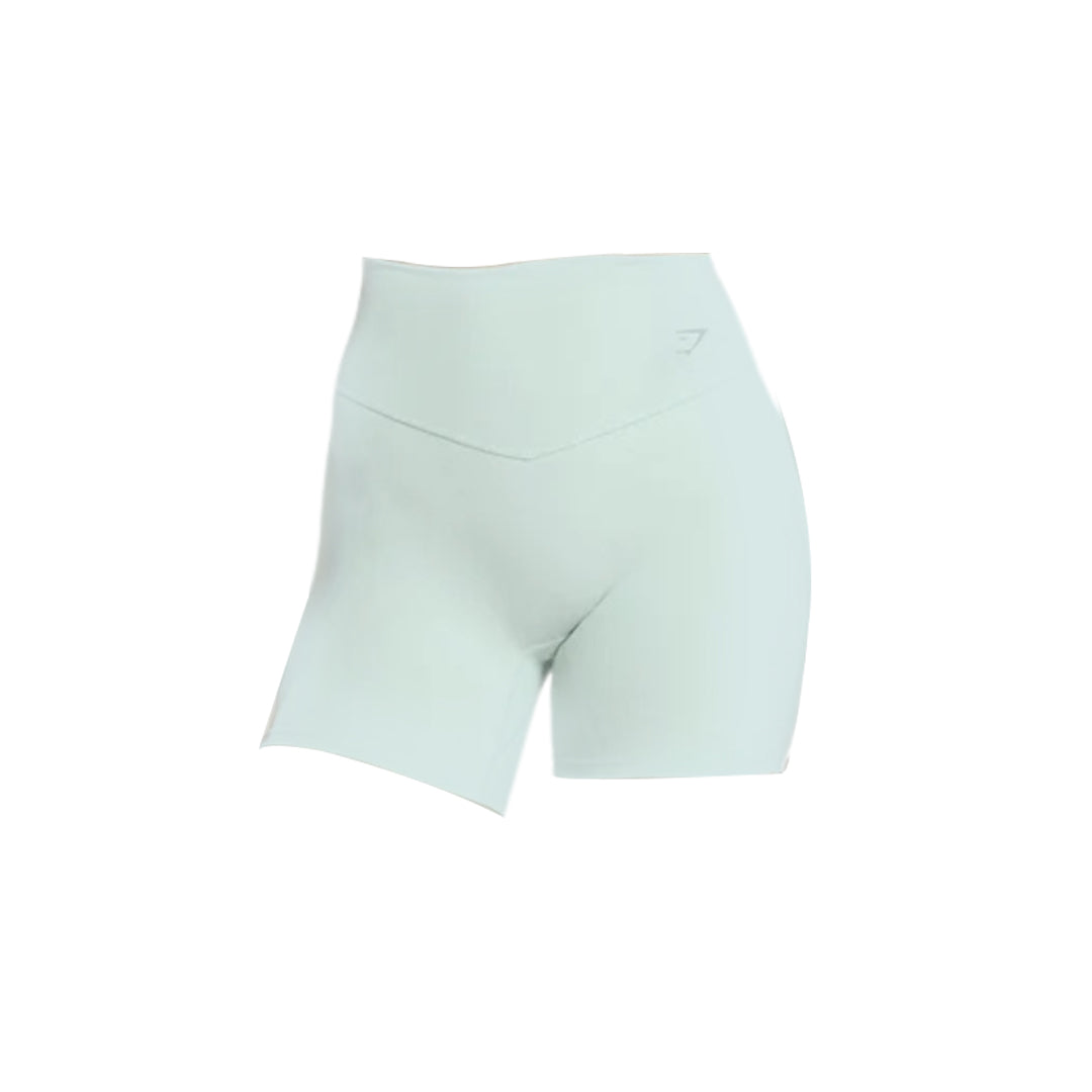 Light mint green high-waisted shorts with a sleek, modern design, perfect for workouts or casual wear.