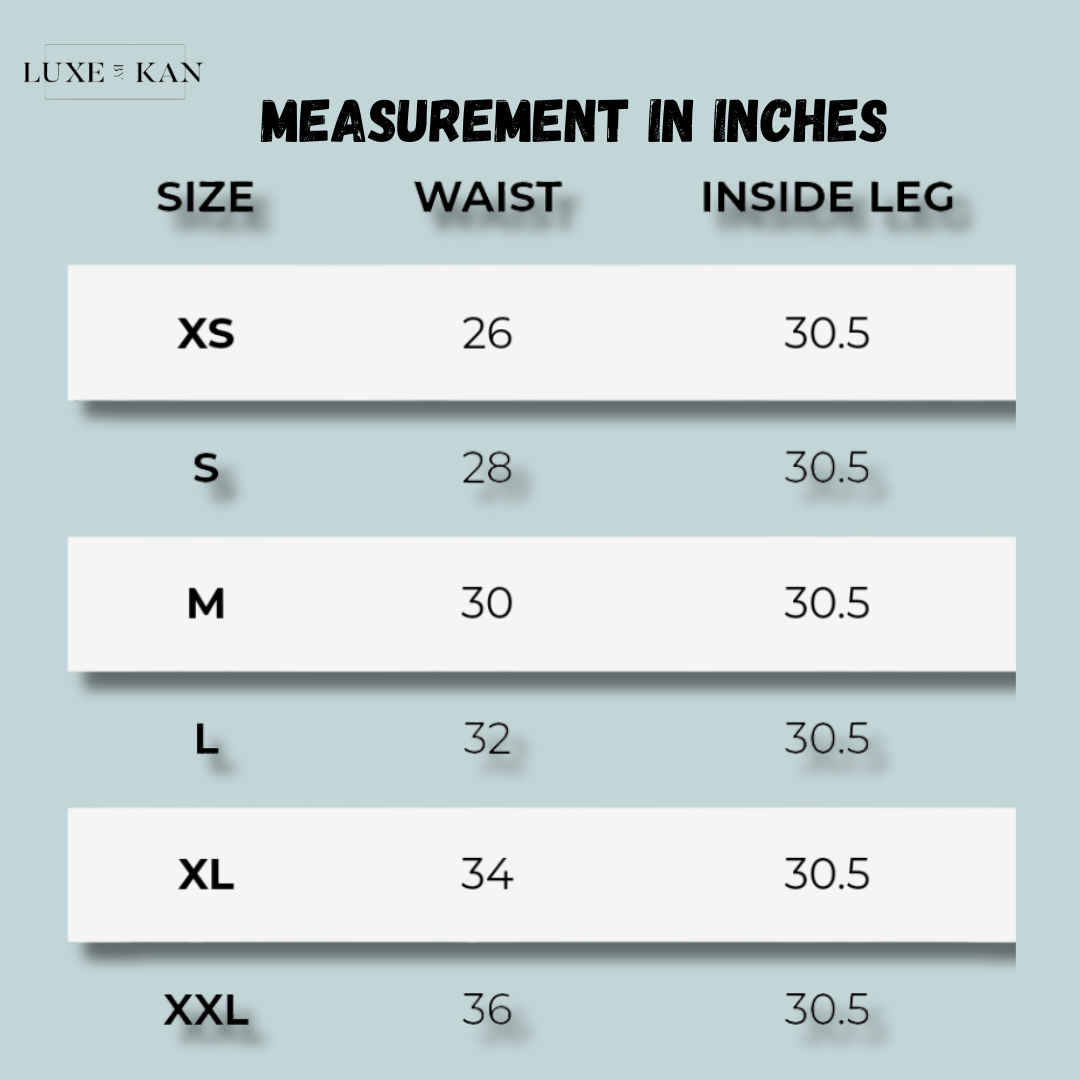 A size chart displaying waist and inside leg measurements in inches for XS to XXL, from Luxe & Kan.