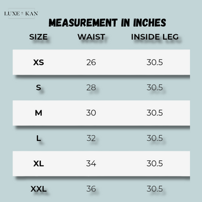 A size chart displaying waist and inside leg measurements in inches for XS to XXL, from Luxe & Kan.