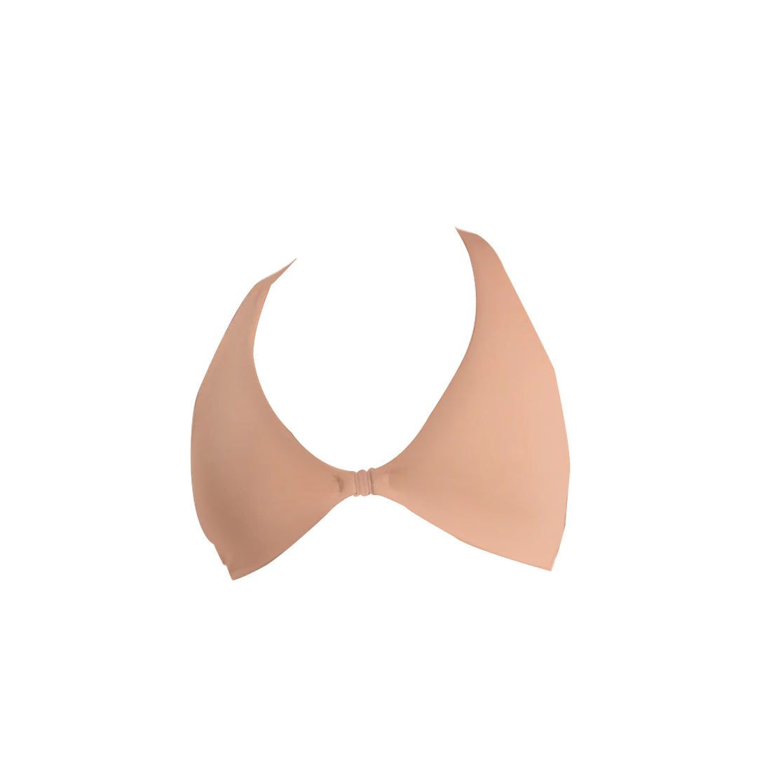Peach-colored gymshark elevate sports bra with a plunging neckline and a front knot detail.