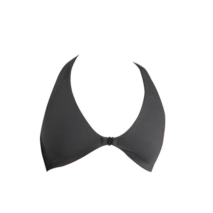 Black bikini top with a halter neck design and a subtle center clasp, perfect for beach or pool wear.