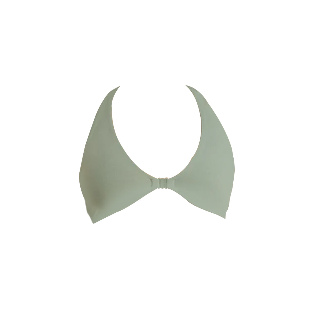 Light green bikini top with a sleek, minimal design and a simple center clasp. Ideal for summer beachwear.