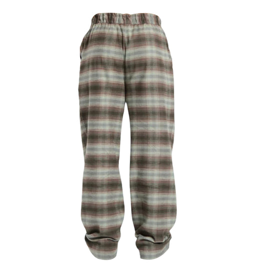Brown and gray plaid lounge pants with an elastic waistband and side pockets, showcasing a relaxed fit.