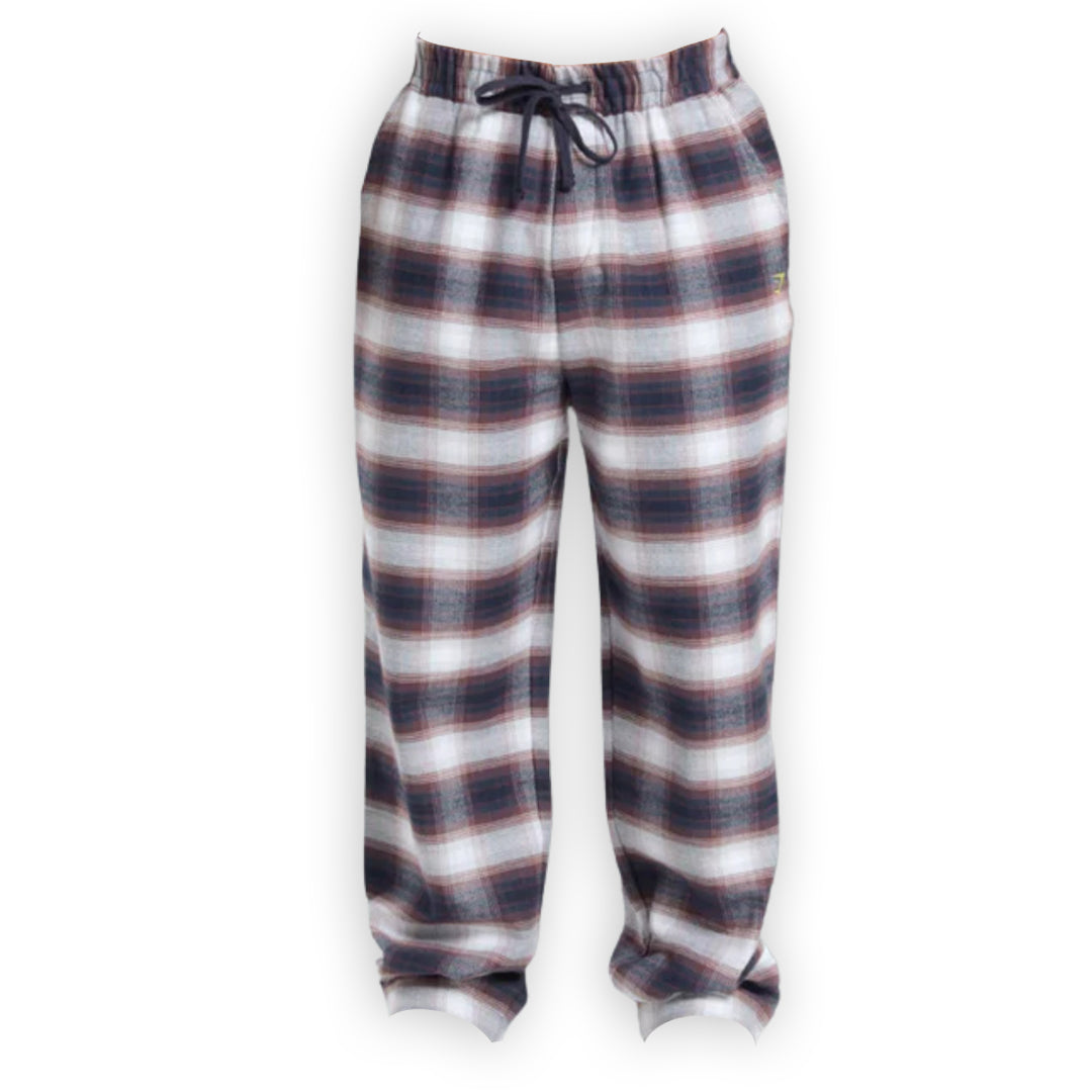 Plaid lounge pants in navy, white, and burgundy with an elastic waistband and drawstring, perfect for comfort and relaxation.