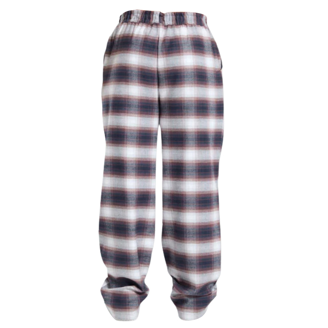 Soft plaid pajama pants featuring an elastic waistband and a relaxed fit in shades of navy, gray, and white. Perfect for lounging.