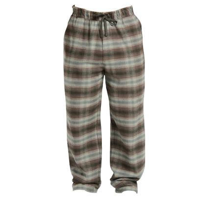Brown plaid flannel pajama pants with an elastic waistband and adjustable drawstring for comfort.
