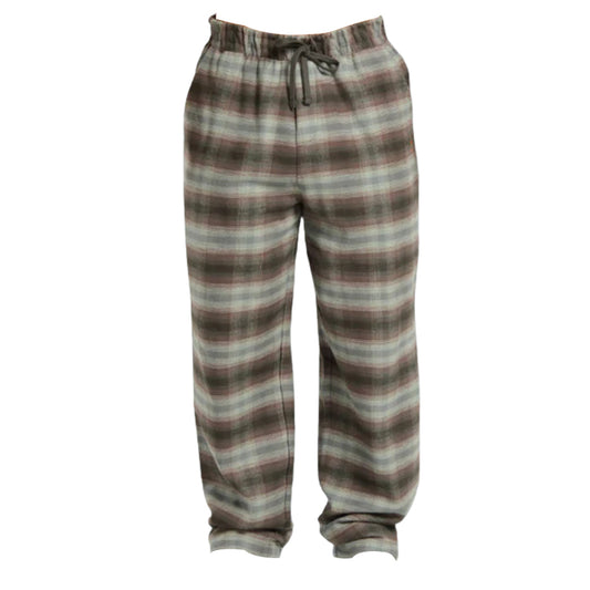 Brown plaid flannel pajama pants with an elastic waistband and adjustable drawstring for comfort.