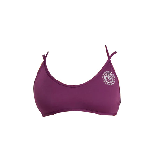 A sleek, purple gymshark sports bra with thin straps and a white logo representing a fitness brand. Perfect for workouts or casual wear.