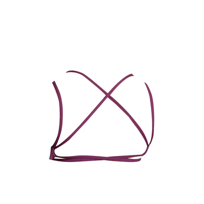 Maroon strappy bralette with an intricate crisscross back design, showcasing simplicity and elegance in lingerie fashion.