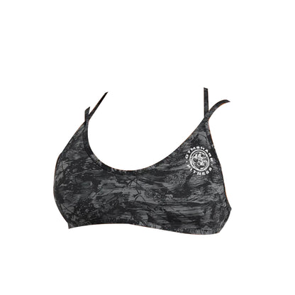 Black and gray patterned sports bra with thin straps and a white "Gymshark Fitness" logo on the side.