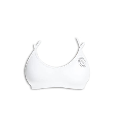 White bralette with adjustable straps and a small logo on one side, featuring a smooth, seamless design ideal for comfort.