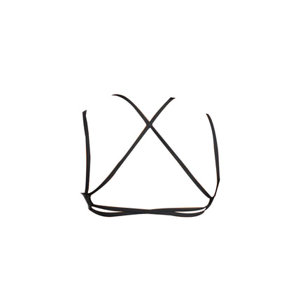 A black strappy bra displayed from the back, featuring crossed straps and a minimalistic design on a white background.