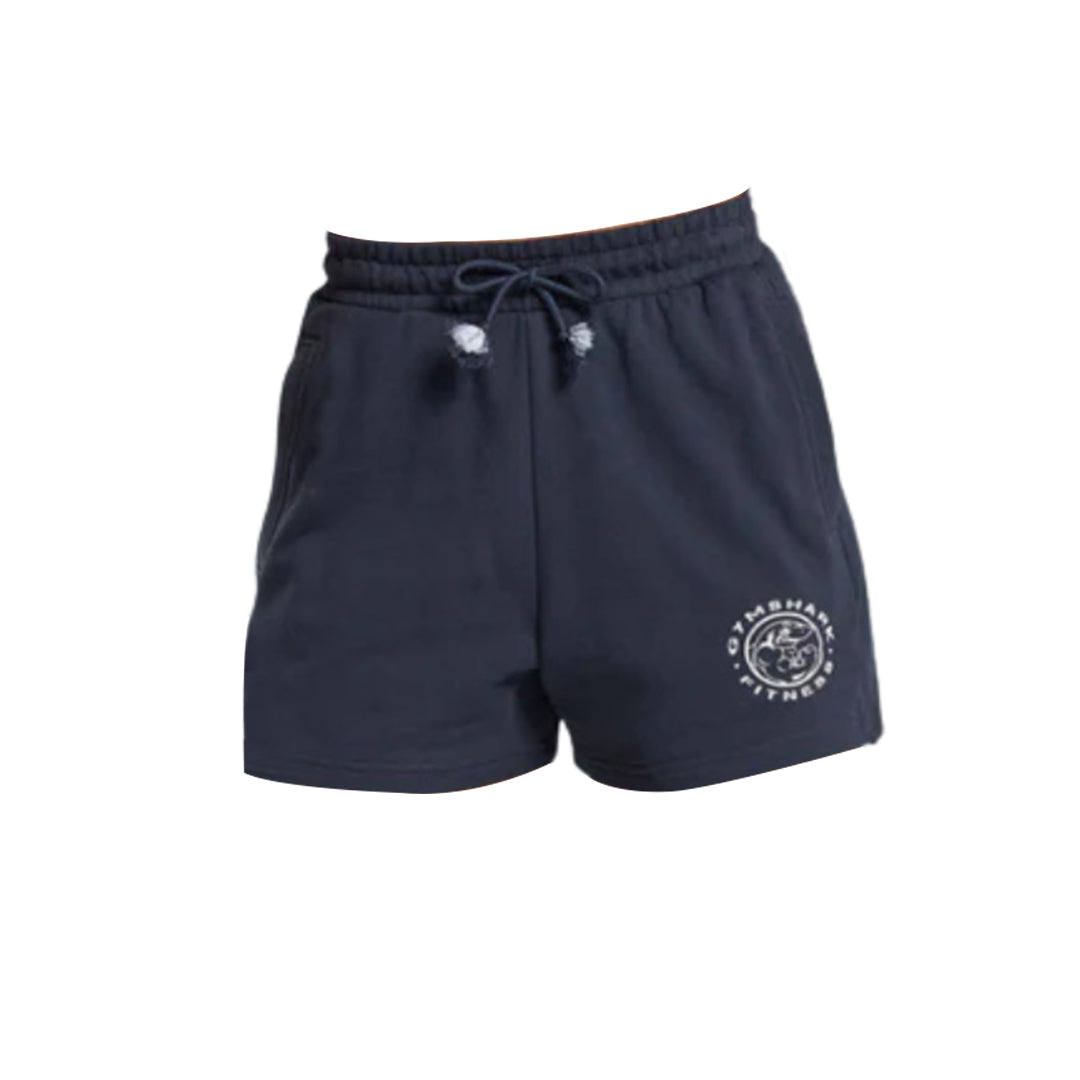 Navy blue gym shorts with an elastic waistband, drawstring, and a white Gymshark logo on the left leg. Perfect for workouts or casual wear.