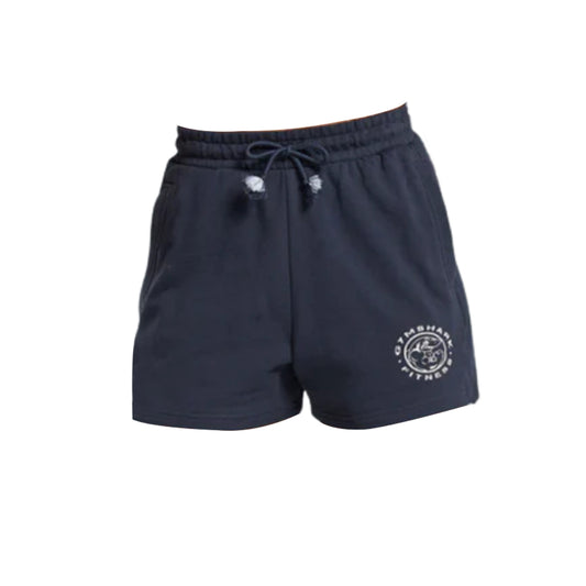 Navy blue gym shorts with an elastic waistband, drawstring, and a white Gymshark logo on the left leg. Perfect for workouts or casual wear.