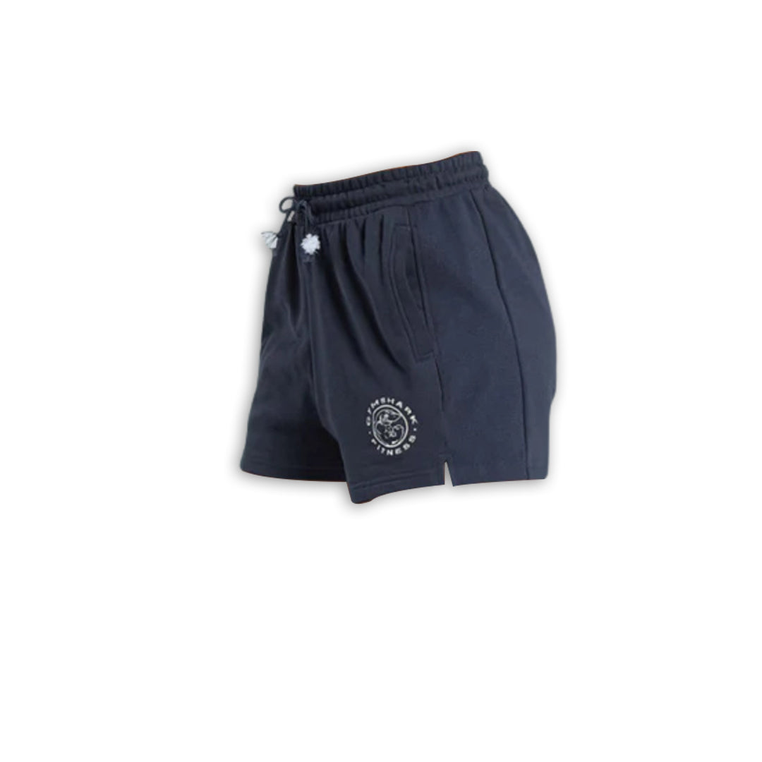 Navy blue athletic shorts with an elastic waistband, drawstring, side pockets, and a logo on the front leg.