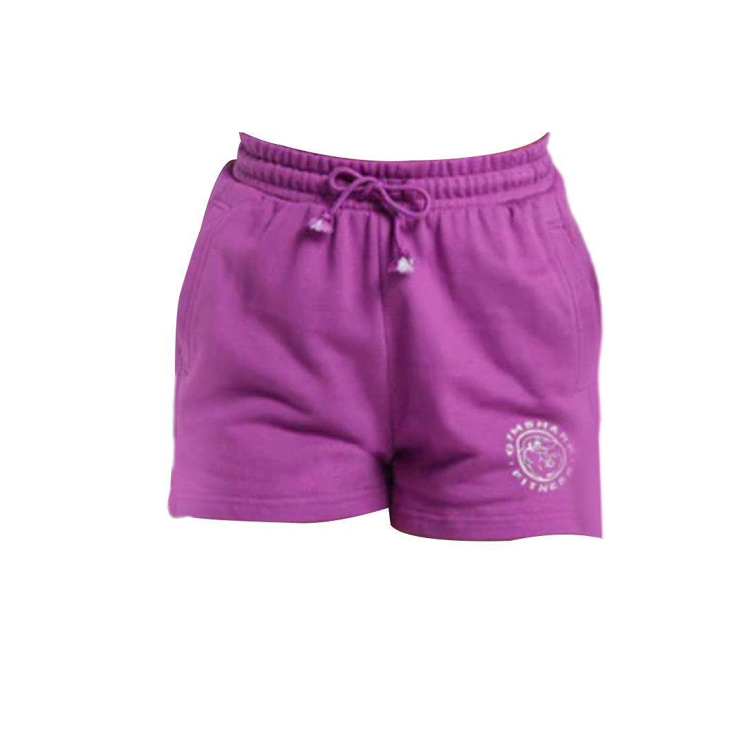 Purple women's athletic shorts with an elastic waistband and drawstring, featuring a gym logo patch on the left leg.