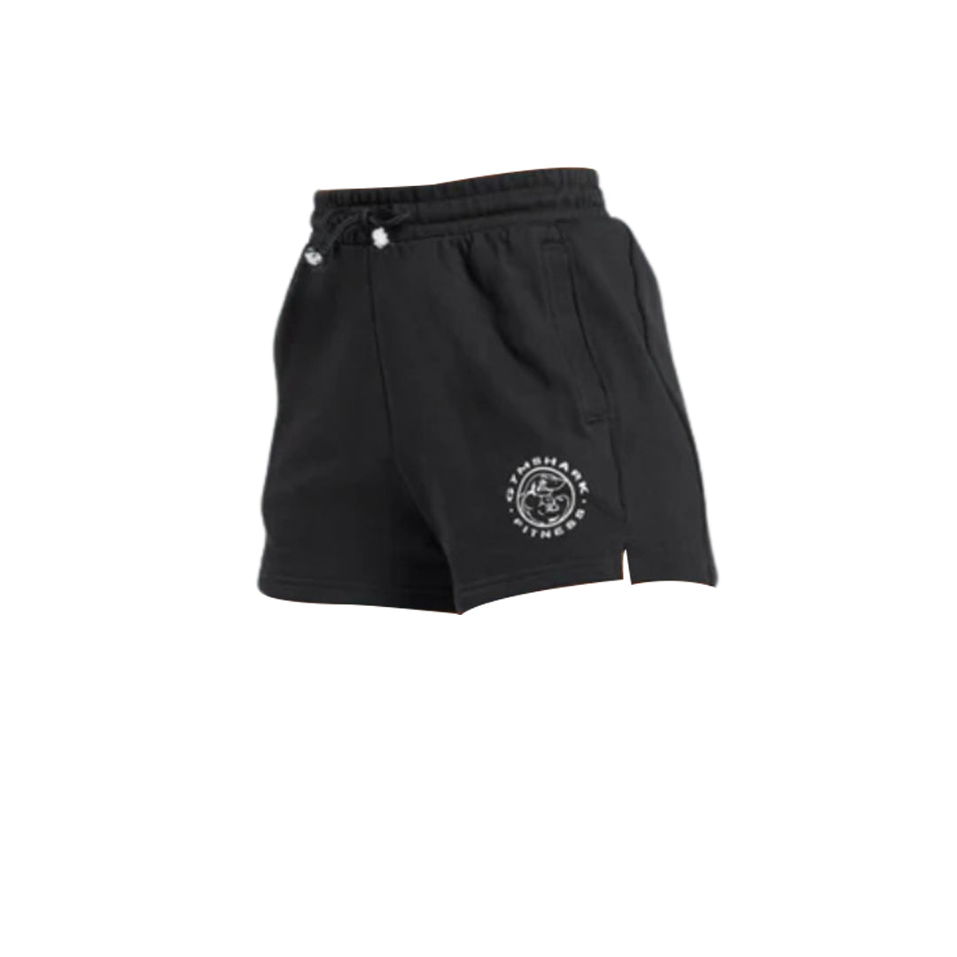 Black athletic shorts with a drawstring waistband and Gymshark Fitness logo on the left thigh, featuring side pockets.