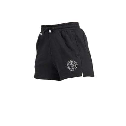 Black athletic shorts with a drawstring waistband and Gymshark Fitness logo on the left thigh, featuring side pockets.