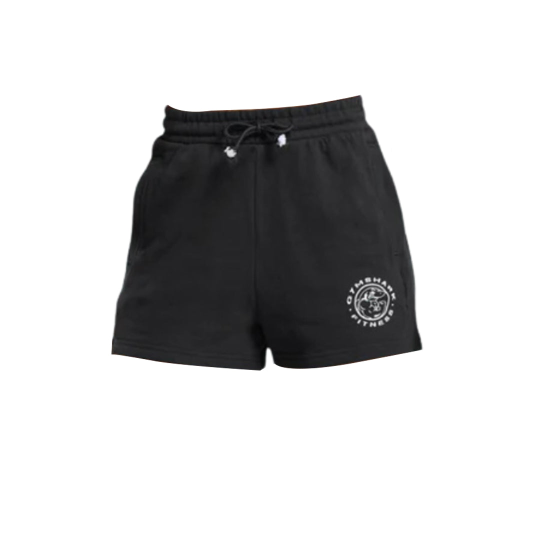 Black legacy cotton shorts featuring a drawstring waist and a circular Gymshark Fitness logo on the left leg.