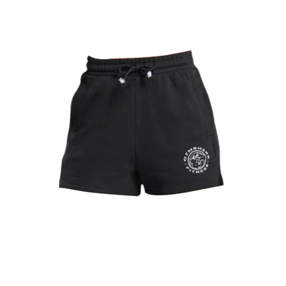 Black legacy cotton shorts featuring a drawstring waist and a circular Gymshark Fitness logo on the left leg.