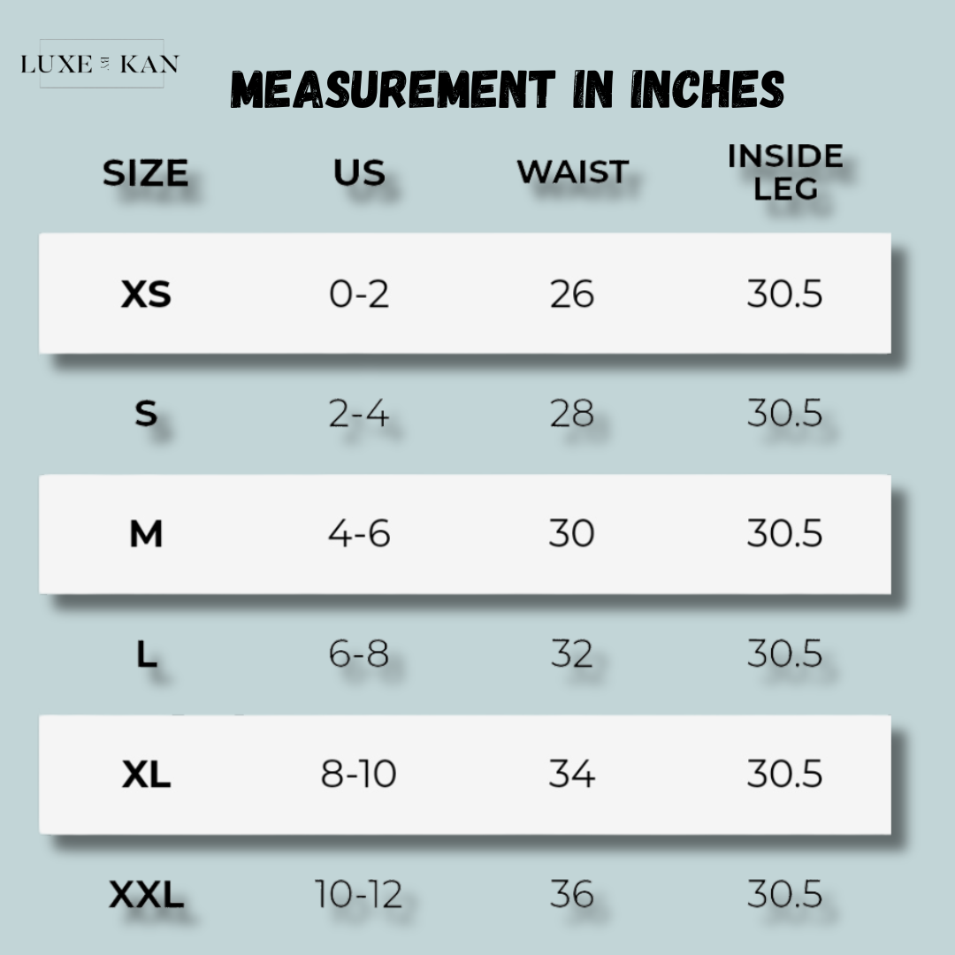 Size chart showing US clothing sizes XS to XXL with corresponding waist and inside leg measurements in inches on a light blue background.