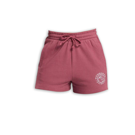 Gymshark legacy cotton shorts with an elastic waistband and side pockets, featuring a fitness logo on the lower right leg.