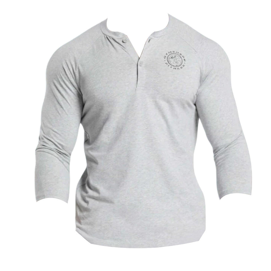 Light gray long-sleeve Gymshark Legacy T-shirt with a Henley neck and a small logo on the chest.