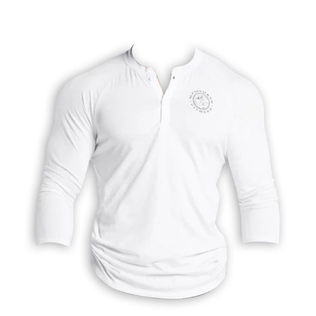 White long-sleeve Gymshark Legacy Henley Shirt with a buttoned collar and a round logo on the left chest.