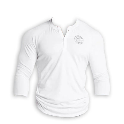 White long-sleeve Gymshark Legacy Henley Shirt with a buttoned collar and a round logo on the left chest.