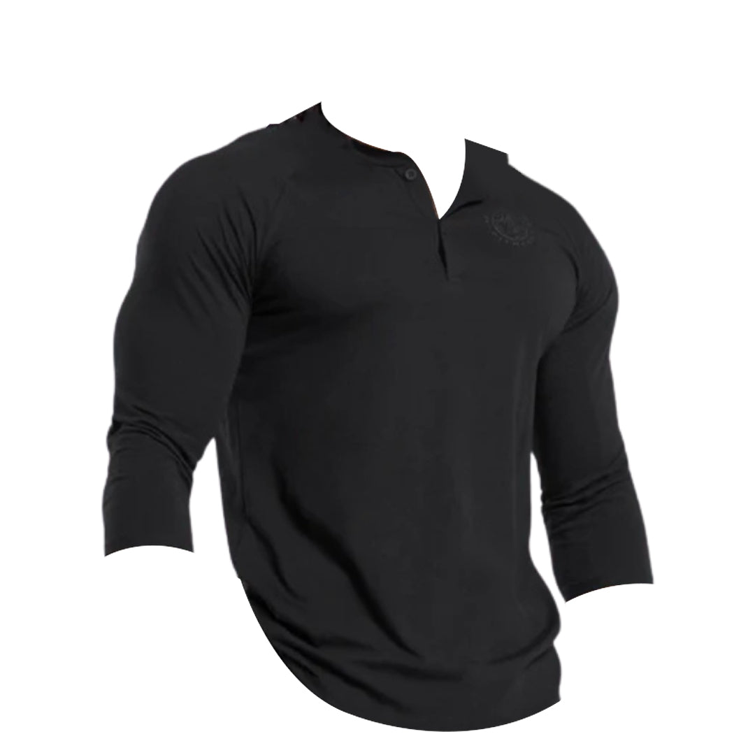 Black long-sleeve henley shirt with a relaxed fit and three-button placket, shown without a model.