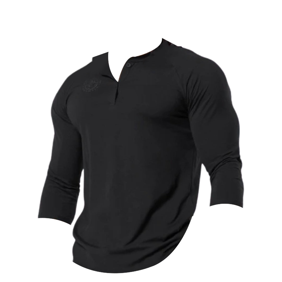 Black long-sleeve henley shirt with a three-button placket, featuring a fitted design.