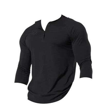 Black long-sleeve henley shirt with a three-button placket, featuring a fitted design.