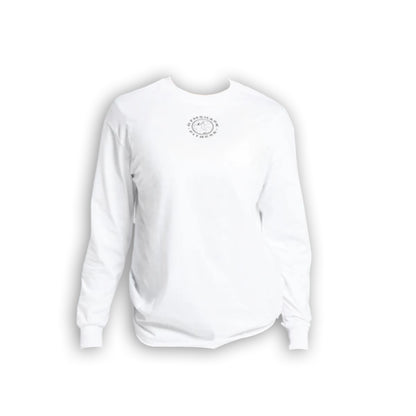 White Gymshark Legacy oversized long sleeve top with a small round chest logo, designed for both casual and athletic wear.