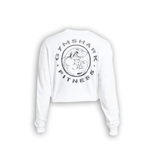 White cropped long-sleeve shirt featuring a black Gymshark logo with a muscular shark graphic on the back.